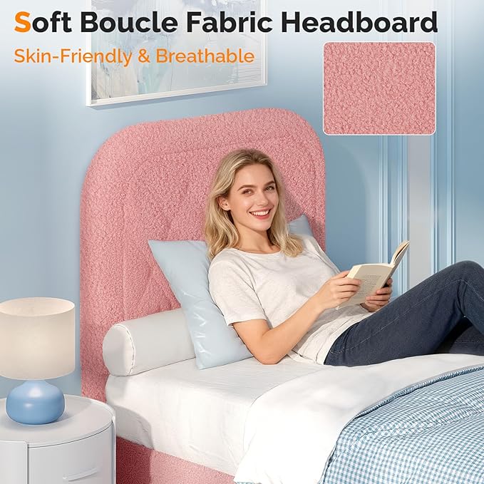 VINGLI Twin Bed with Headboard,Soft Frame Cloud Bed Frame with Sturdy Wood Slats Support,Upholstered Boucle Cream Platform Soft Bed with Rounded Corners,for Kids Teens Adults, Pink