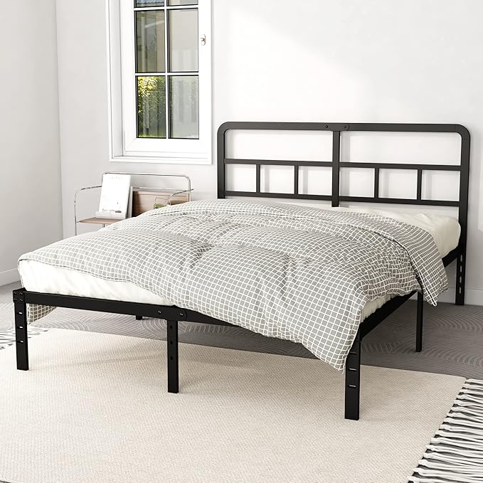 DiaOutro 14 Inch Full Size Bed Frame with Headboard No Box Spring Needed, Heavy Duty Metal Platform with Steel Slat, Mattress Foundation, Easy Assembly, Noise Free, Black