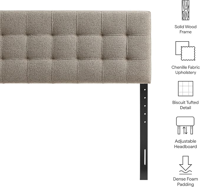 Modway Lily Full Size Headboard with Biscuit Tufting in Taupe - Fabric Upholstery with Padded Design and 5 Height-Adjustable Mounts