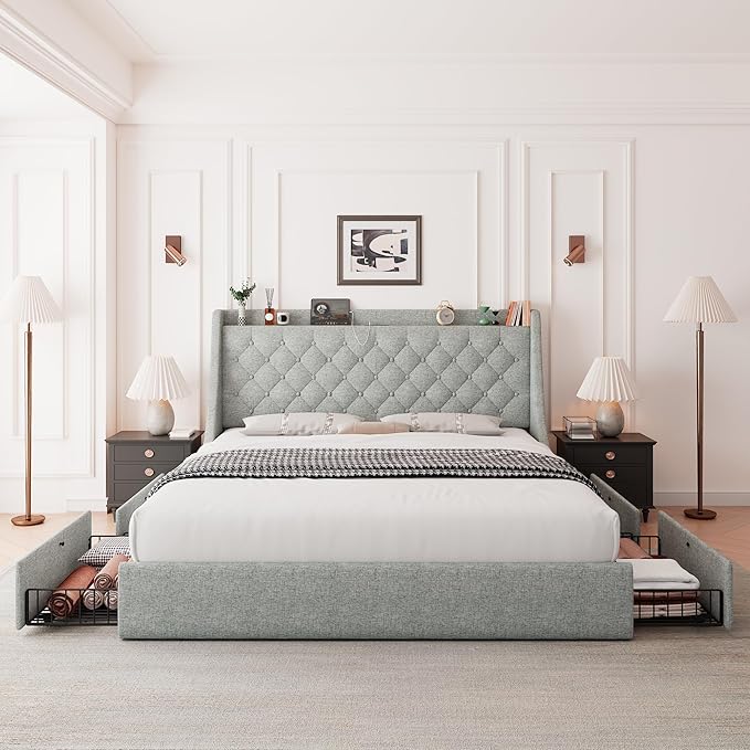 Feonase Upholstered Full Size Bed Frame with 4 Storage Drawers, Charging Station and Tufted Wingback Storage Headboard, No Box Spring Needed, Easy Assembly, Light Grey