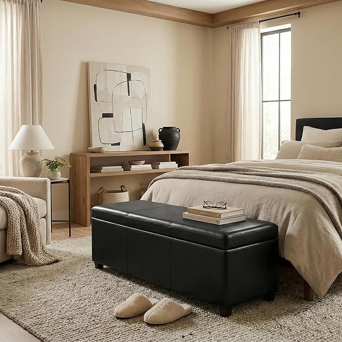 SIMPLIHOME Avalon Extra Large Storage Ottoman Bench - 54 inch Wide Upholstered Vegan Leather Rectangular Lift-Top Ottoman in Midnight Black, Contemporary Bench for Living Room with Hidden Storage