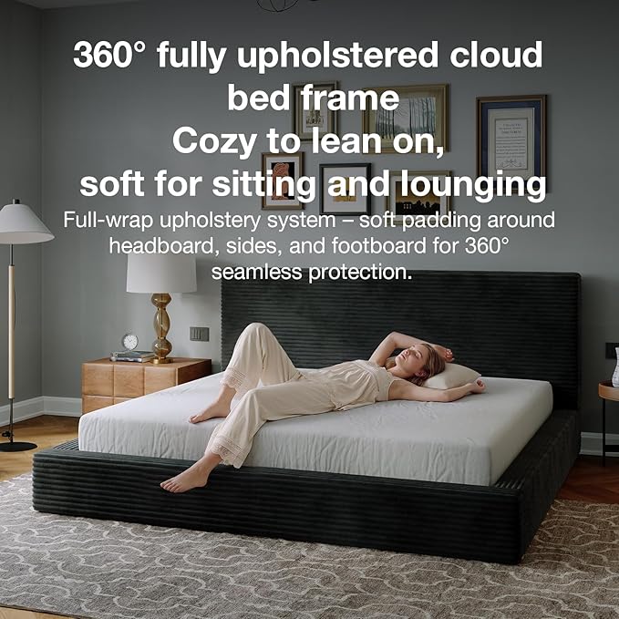 Novilla King Size Bed Frame, Plush CloudSoft Bed, Corduroy Upholstered Platform Bed Frame with Headboard, Easy Assembly, No Box Spring Needed, Modern Soft Bed Frame, Black