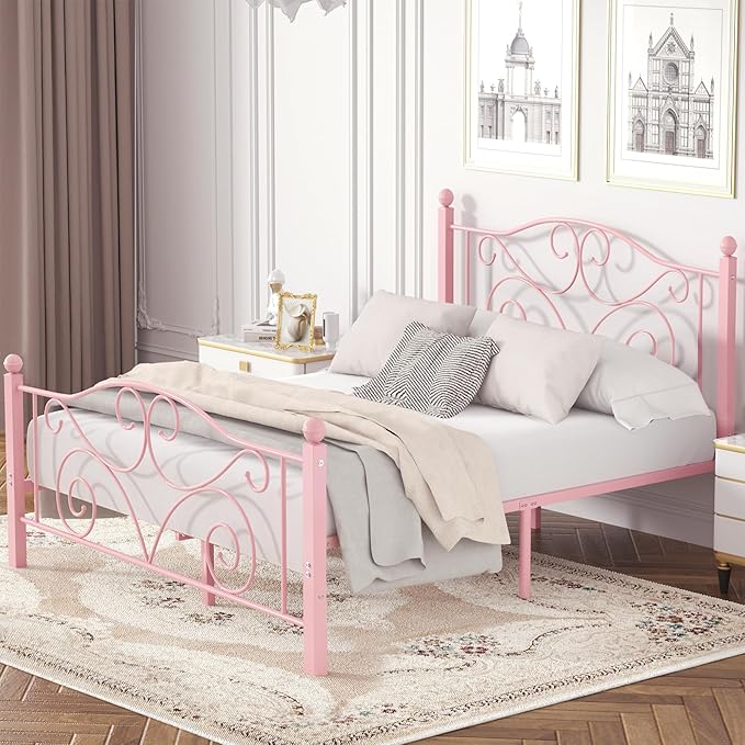 VECELO Queen Size Bed Frame with Headboard and Footboard, Heavy Duty Metal Slat Support, Platform Mattress Foundation, No Box Spring Needed, Easy Assembly, Light Pink