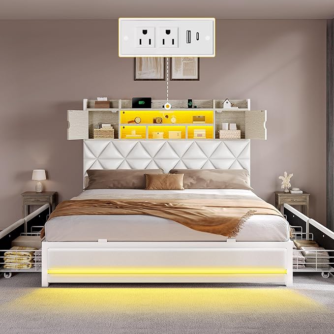 DWVO Queen Size Bed Frame with RGB LED Lights & Storage Bookcase Headboard, Upholstered Bed with Charging Station and 4 Drawers, No Box Spring Needed, Easy Assembly, Noise-Free, PU Leather White