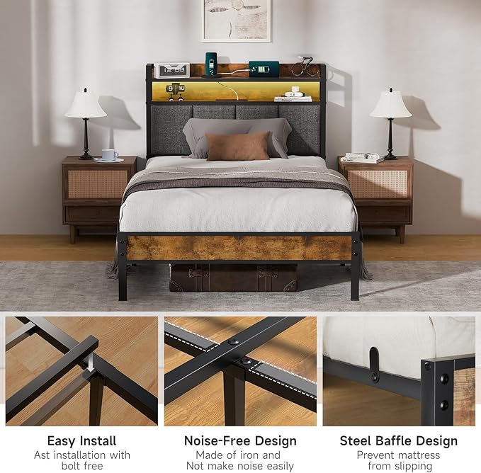 Twin Bed Frame with LED Light &Charging Station, Metal Platform Bed with 2-Tier Shelves & Under Bed Storage, Upholstered Headboard&Footboard,No Box Spring Needed,Noise Free,Easy Assembly,Vintage Brown