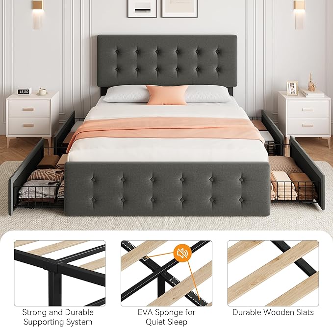 IDEALHOUSE Full Size Bed Frame with 4 Storage Drawers and Headboard, Linen Upholstered Platform Bed Frame with Wooden Slats Support, Button Tufted Design, No Box Spring Needed, Light Grey