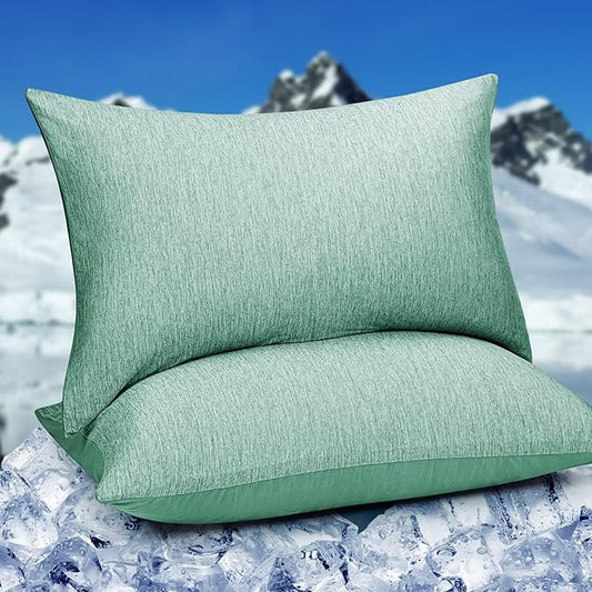 HOMFINE Cooling Pillowcases Queen Size - Double Side Q-Max 0.439 Cooling Fiber for Pillow Protector, Breathable Cold Pillow Cover for Hot Sleeper Night Sweat, Hidden Zipper, 2 Pack (20"x30", Green)