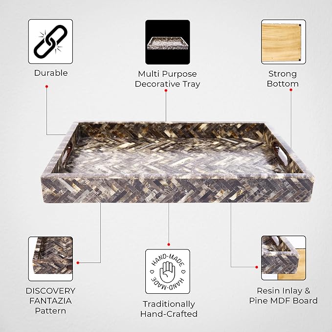 Handicrafts Home 17"x11" Decorative Tray, Resin Inlay Ottoman Coffee Table Tray with Handles, Rectangular Serving Tray for Breakfast, Vanity, Centerpiece Décor