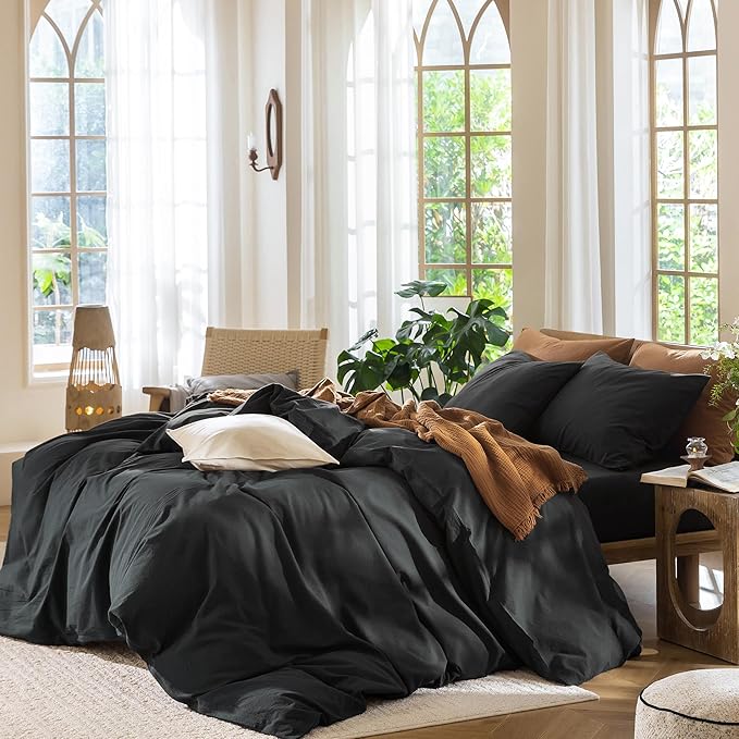 MooMee Bedding Duvet Cover Set 100% Washed Cotton Linen Like Textured Breathable Durable Soft Comfy (Solid Black, Palatial King/Oversized King 120"x98")