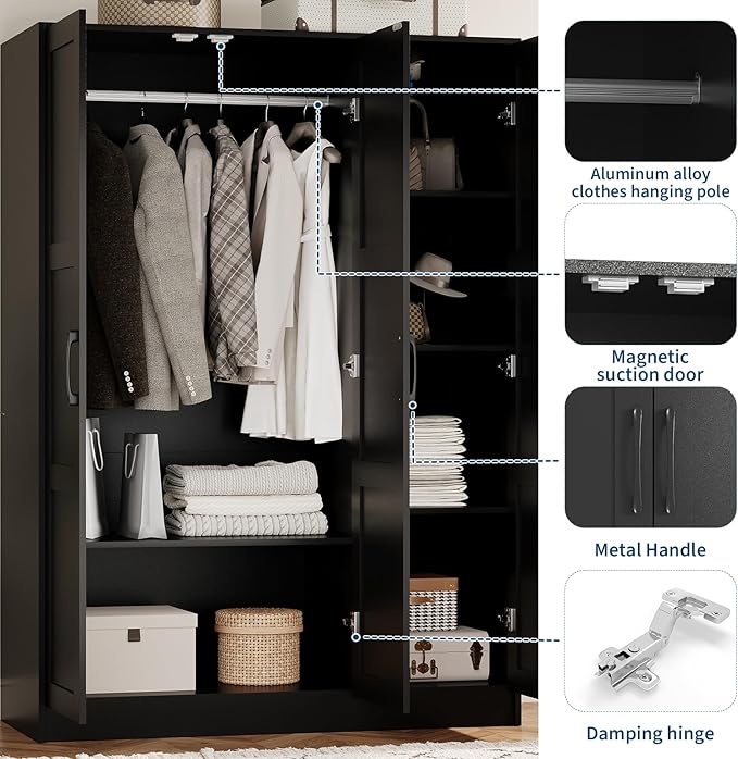 Garvee 3 Doors Wooden Wardrobe Closet, Morden Wardrobe Armoire with Doors and Shelves, Standing Closet Cabinet for Hanging Clothes, Large Capacity Storage Cabinet for Bedroom, Black