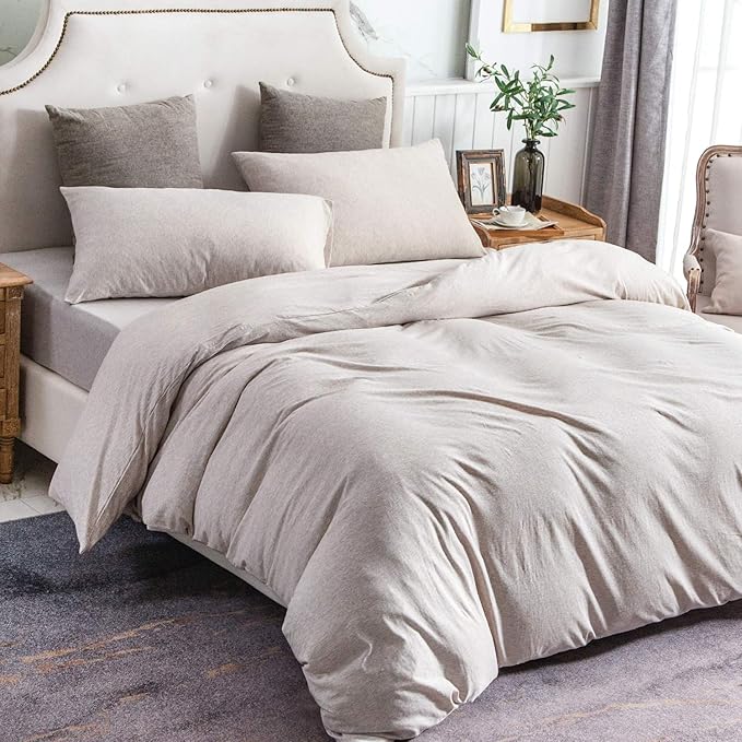 PURE ERA Jersey Knit Duvet Cover Set 100% T-Shirt Cotton Super Soft Comfy 3pc Bedding Set with Zipper Closure (Heather Beige, California King)