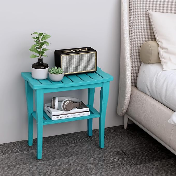 Bamboo Shower Bench Stool with Storage Shelf, Waterproof Shower Chair Spa Bath Seat, Shower Stool for Inside, Bathroom Bench Seat for Adults Elderly Seniors for Indoor or Outdoor Use(Sky Blue)