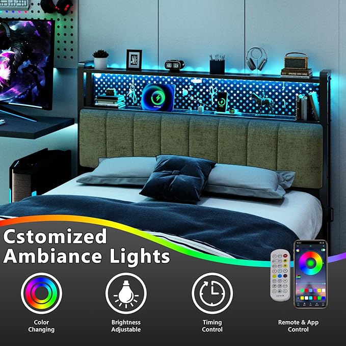 VINGLI Sage Green Queen Size Headboard for Bed with Storage, Upholstered Head Board with Charging Stations and LED Lights, 2 Tier Shelves and Pegboard,Height Adjustable