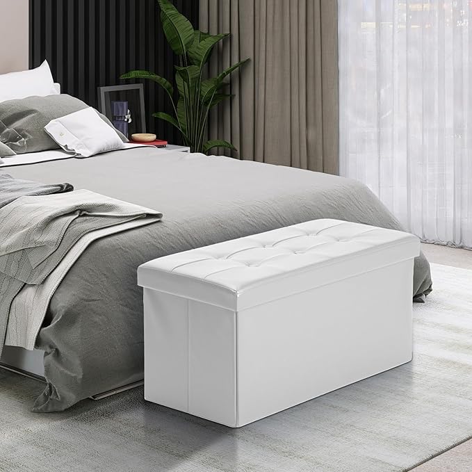 COSYLAND Ottoman Bench with Storage - 30x15x15in Folding Leather Ottoman, Rectangle Foot Stool Foldable Storage Chest Footrest Footstool Collapsible with Lid for Bedroom Living Room White
