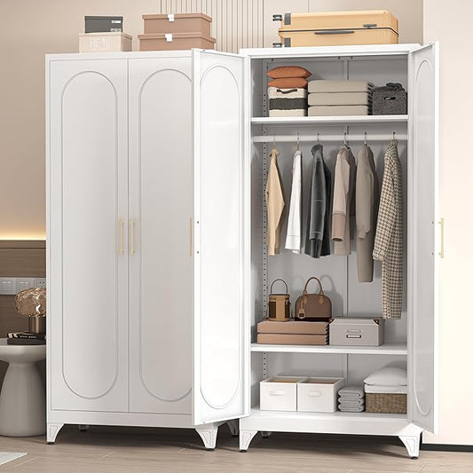 Metal Wardrobe Cabinets,White Armoire Wardrobe Closet with Hanging Rod,Clothes Storage Cabinet with Adjustable Shelves and Doors,Clothing Cabinet for Bedroom, Office, Laundry Room