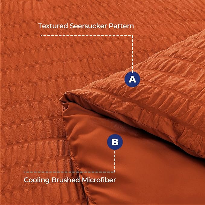 HYMOKEGE Burnt Orange Duvet Cover Queen Size, Ultra Soft 3-Piece Seersucker Duvet Cover Set with Zipper Closure, Soft Brushed Microfiber Bedding Set with 8 Corner Ties (90"x90", 2 Pillowshams)
