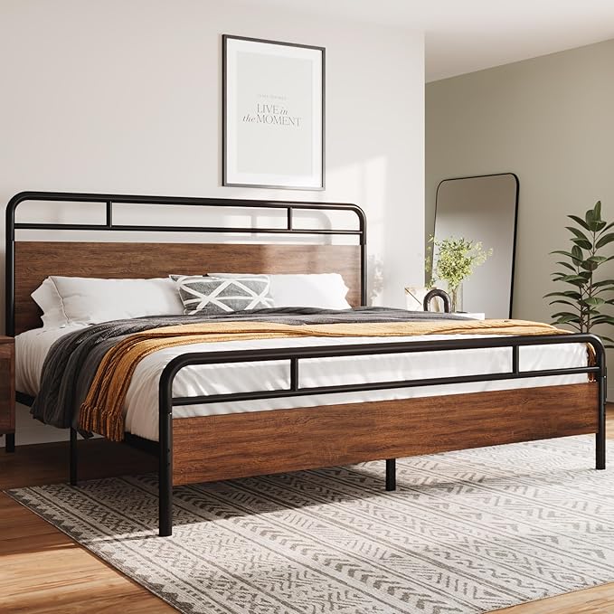 Allewie King Size Platform Bed Frame with Wooden Headboard and Footboard, Heavy Duty 13 Metal Slats Support, Under-Bed Storage, No Box Spring Needed, Noise Free, Easy Assembly, Walnut