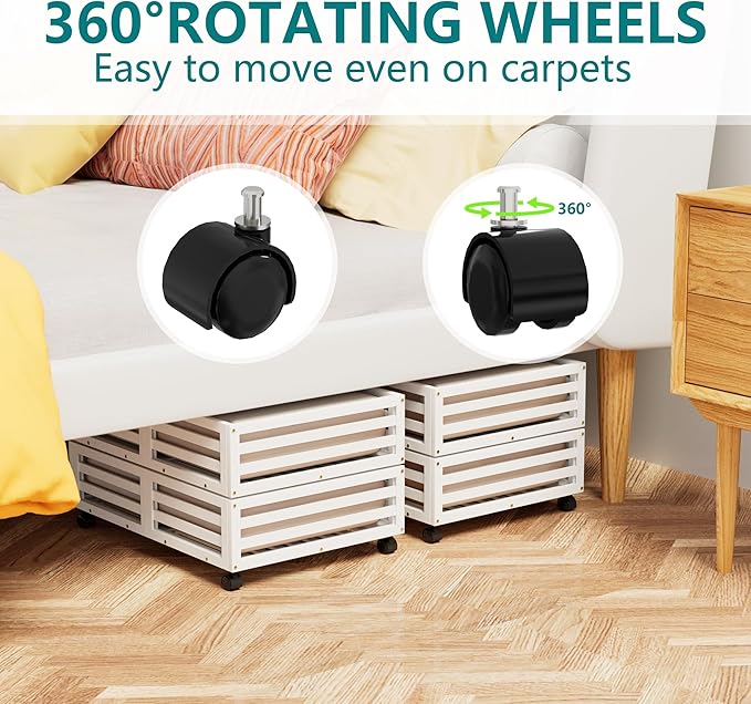Wisuce Bamboo Under Bed Storage Containers- Underbed Organizer with Wheels with Dust Bag,Sturdy Wood Rolling Under the Bed Shoe Storage Organizer Drawers (White, 2 Pack (23.62"×16.54"))