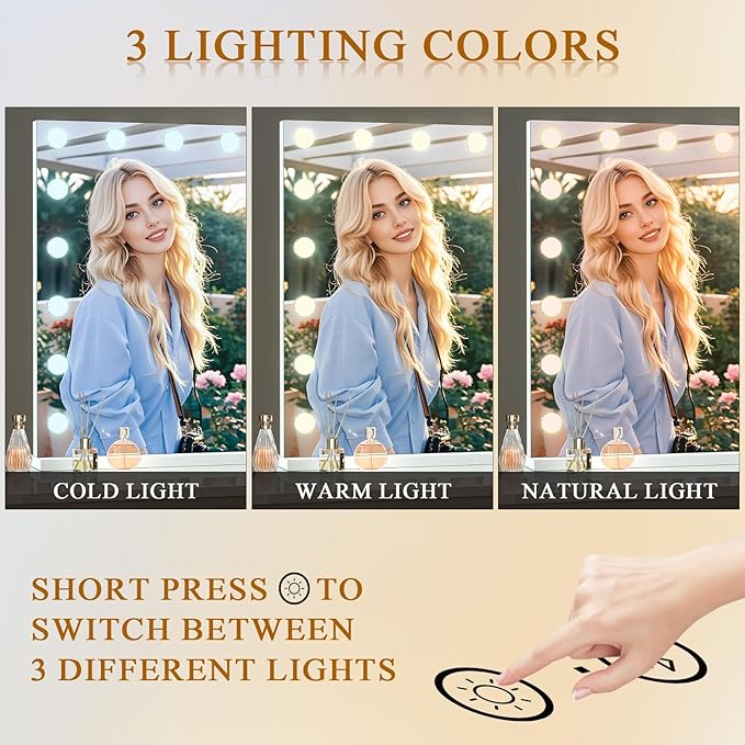 FENCHILIN Vanity Mirror with Lights 32''x23'' Tempered Glass Large Hollywood Mirror with 18 Dimmable Bulbs for Makeup Table/Hanging Bluetooth Speaker Mirror with Touch Screen & USB Charge Port