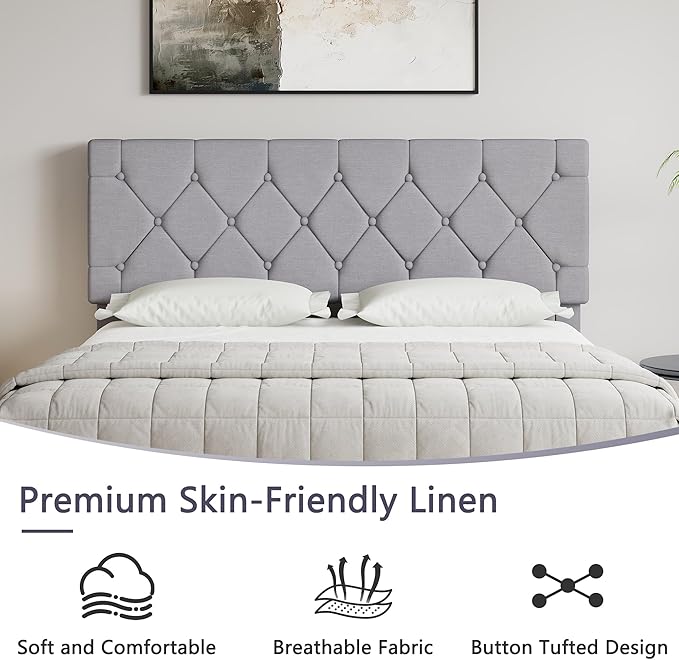 VECELO Full Size Bed Frame with Button Tufted Headboard, Upholstered Platform Bedframe with Wood Slat Support, No Box Spring Needed, Dark Grey