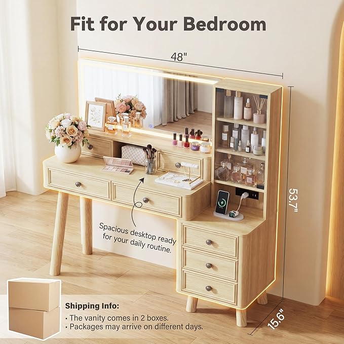 Furmax 48" Makeup Vanity Desk with Large Mirror and Lights,Big Wood Vanity Table with 5 Drawers＆Glass Storage Cabinet with Adjustable Shelves,Dressing Table with Charging Station for Bedroom (Oak)