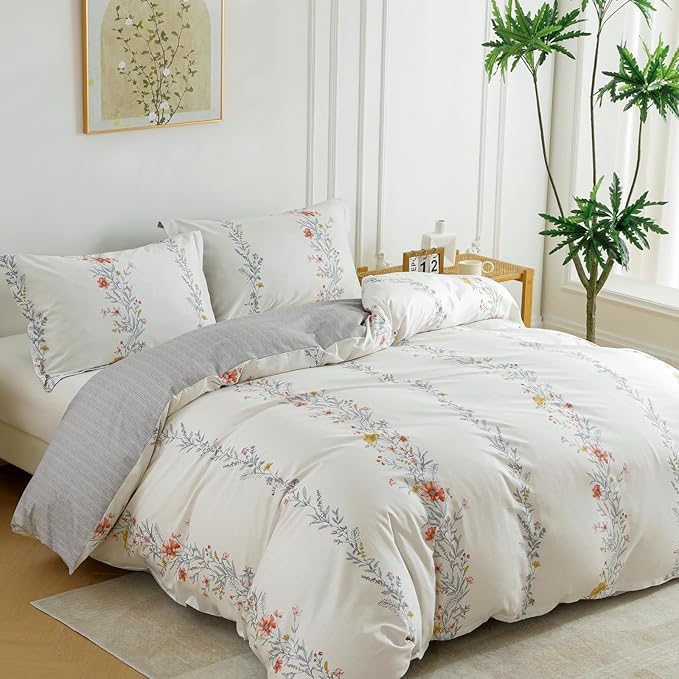 OAITE Duvet Cover Set Queen Size Floral Pattern Ultra Soft 100% Cotton Duvet Cover Sets 3-PC, Breathable Duvet Cover with Zipper Closure & Corner Ties(2 Pillow Shams,1 Duvet Cover)
