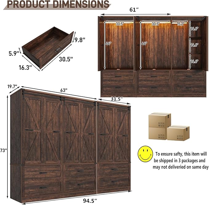 Farmhouse 6 Doors Armoire Wardrobe Closet w/Folding Sliding Barn Door and Lights, LED Armoire Closet w/ 6 Drawers for Bedroom, Freestanding Wooden Wardrobe Storage Closets w/Hanging Rod,Rustic Brown