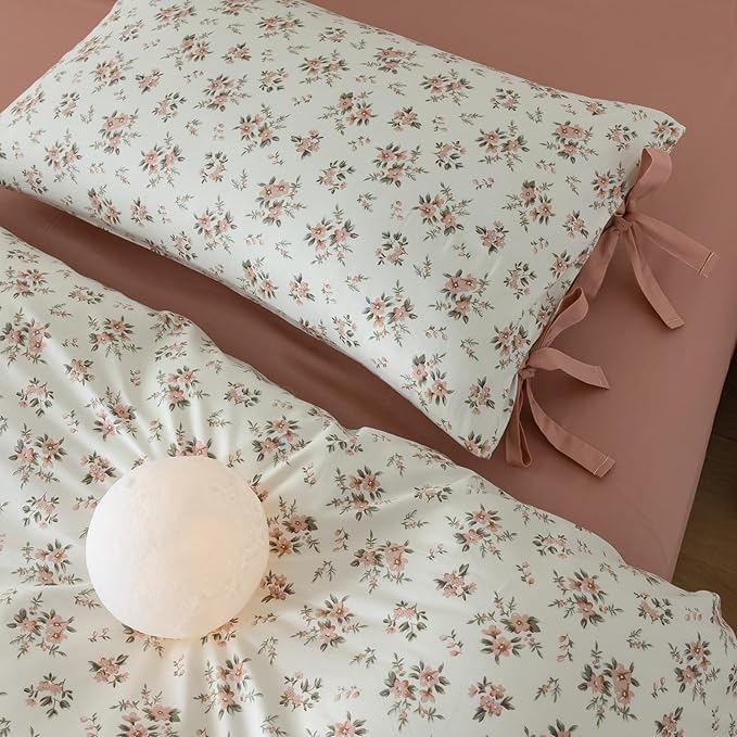 VM VOUGEMARKET Blush Pink Floral Duvet Cover Queen 3 Pieces Cotton Girls Cottagecore Bedding Set,Peach Flower Comforter Cover with Zipper Closure,Vintage Country Bedding 90x90