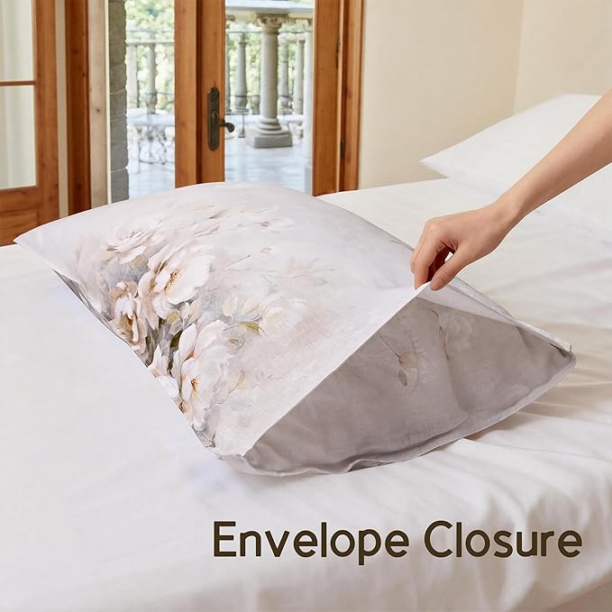 CHUFFED 100% French Linen Pillow Cases Watercolor Peony Print, Farmhouse Floral Stone Washed Pillow Shams with Envelope Closure Soft Breathable Vintage Pillow Covers for Decor,20x36 inches