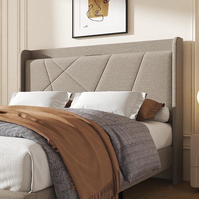 Queen Size Linen Bed Frame, Storage Headboard with Charging Station, Upholstered Platform Bed with Wooden Slats Support, Solid and Stable, Noise Free, No Box Spring Needed, Easy Assembly, Beige