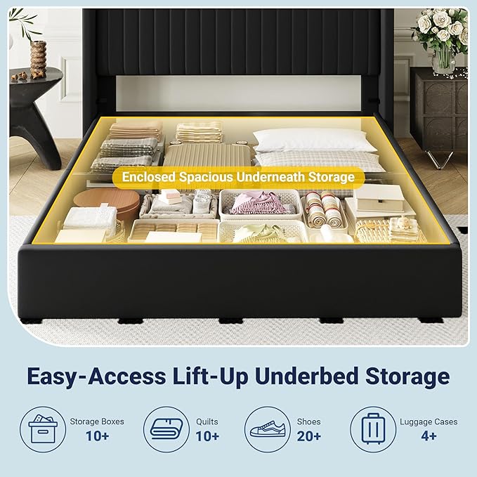 Allewie Queen Size Lift Up Storage Bed Frame, Hydraulic Support System, Upholstered Platform Bed Frame, Underneath Storage, Vertical Channel Tufted Headboard with Wingback, No Box Spring Needed, Black