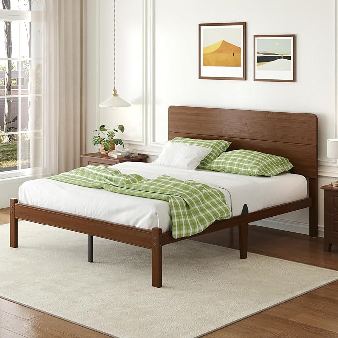 Askeld 14 Inch Bamboo Queen Bed Frame with Headboard, Solid Wood Bed Frames Queen Size No Box Spring Needed, Easy Assembly, Noise Free, Walnut Color