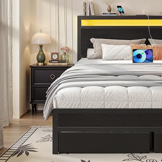 Fluest Queen Bed Frame,Queen Bed Frame with Storage Headboard & 2 Storage Drawer, Charging Station & LED Light, No Box Spring Needed, Noise Free, Easy Assembly, Classic Black
