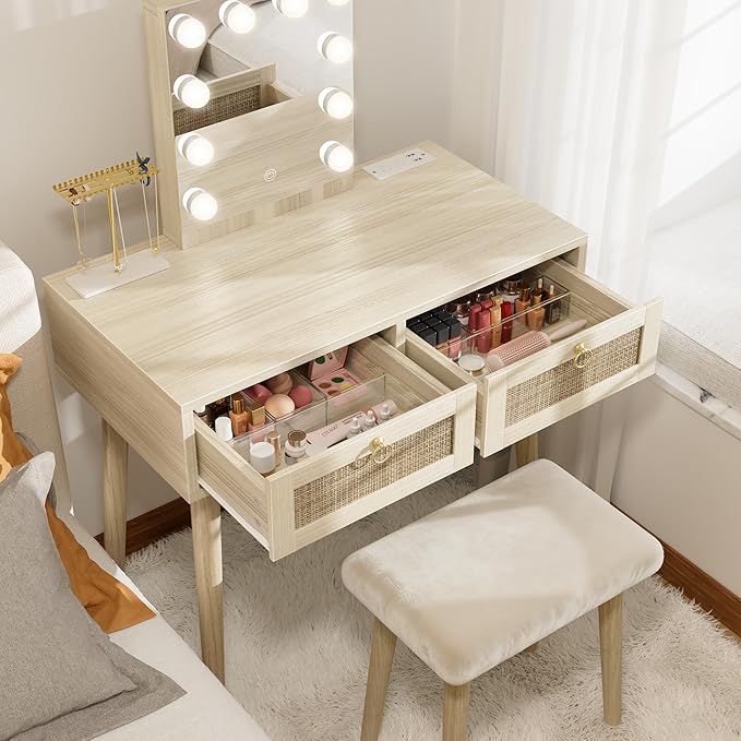 BOLUO Makeup Vanity Desk with Hollywood Mirror and Lights, Boho Girls Vanity Set with Stool, Make Up Dressing Table with Drawers and Outlet for Bedroom
