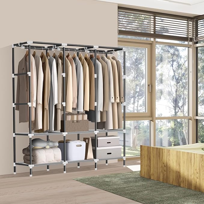 LOKEME Wardrobe Closet,Portable Closet for Bedroom Steel Pipe Diameter 19mm Strong and Sturdy Beige Portable Closets for Hanging Clothes with 3 Hanging rods, 6 Storage Shelves and Side Pocket