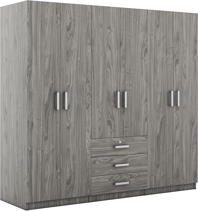 68" H Large 6 Doors Wooden Wardrobe Closet, Freestanding Armoire Wardrobe Closet Cabinet with 3 Drawers, Shelves and Hanging Rod for Hanging Clothes, Coat Closets for Bedroom, Gray