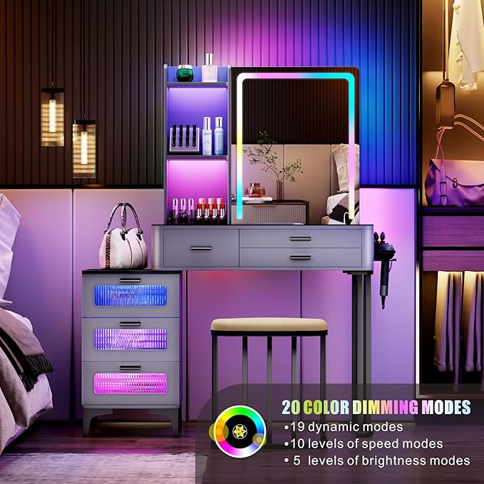 Makeup Vanity Desk with Mirror Lights: Vanity Table with Wireless Charging Station Mobile Dressing Table with Glass Top Design & Hair Dryer Holder Girls Grey Vanity Gift for Bedroom
