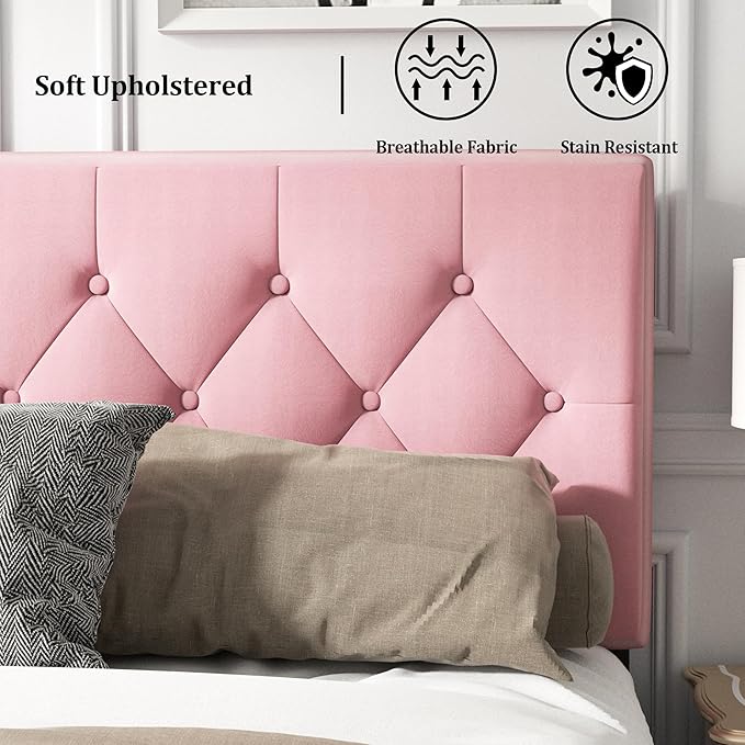 HAOARA Twin Size Platform Bed Frame with Upholstered Button Tufted Headboard, Mattress Foundation with Wooden Slat Support, Noise Free, No Box Spring Needed, Easy Assembly, Pink Velvet