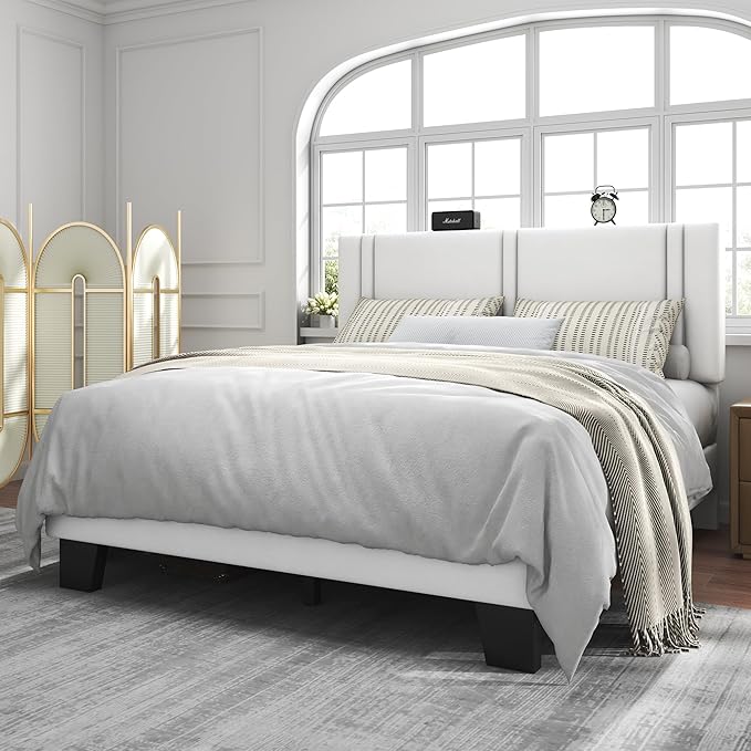 Feonase Queen Platform Bed Frame, Velvet Upholstered Queen Bed Frame, Solid Wood Slats & Heavy Duty Feet Support, No Box Spring Needed, Noise-Free, Easy Assembly, White