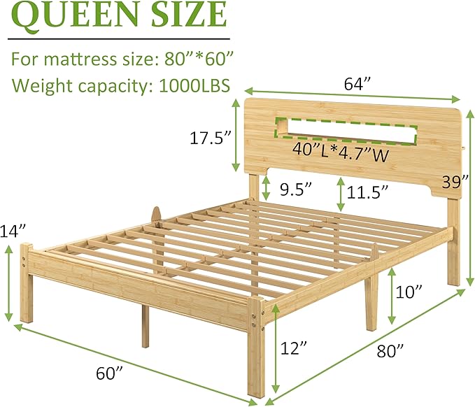 ZIYOO Solid Bamboo Wood Queen Bed Frame with Storage Headboard, 12 inch Platform Bed Frame Queen No Box Spring Needed with Steel Slats, Sturdy and Stable, Easy Assembly, Noise Free