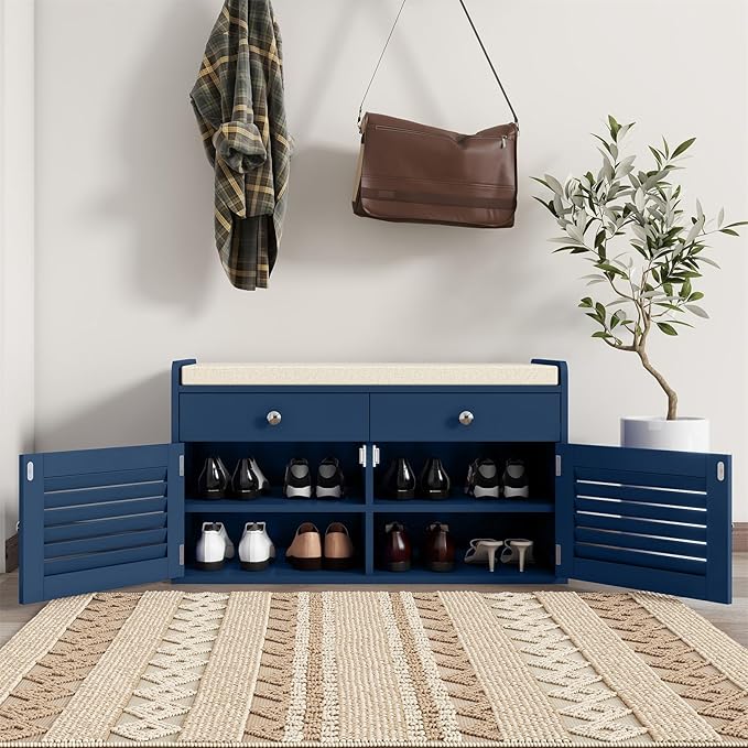 WARMHONIU Shoe Storage Bench with 2 Drawers, Entryway Bench with Cushion, Adjustable Shelves, Shoe Rack Bench with Louvered Doors for Entryway, Bedroom, Hallway, Blue