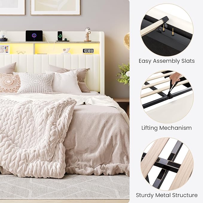 SHA CERLIN Full Size Lift Up Storage Bed Frame/LED Lights/Charging Station/2-Tier Shelves Headboard/USB,Type-C Ports/Velvet Upholstered/Hydraulic Support/No Box Spring Needed/Noise Free/Cream