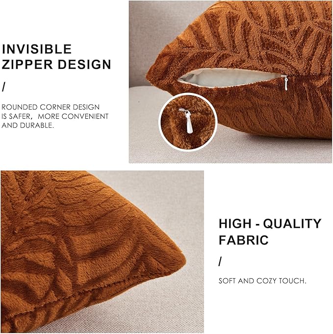 SOCHOW Fall Decorative Throw Pillow Covers 20x20 Inches Set of 2, Soft Leaves Textured Flannel Fleece Pillowcase Square Cushion Covers for Sofa Couch Bed, Caramel