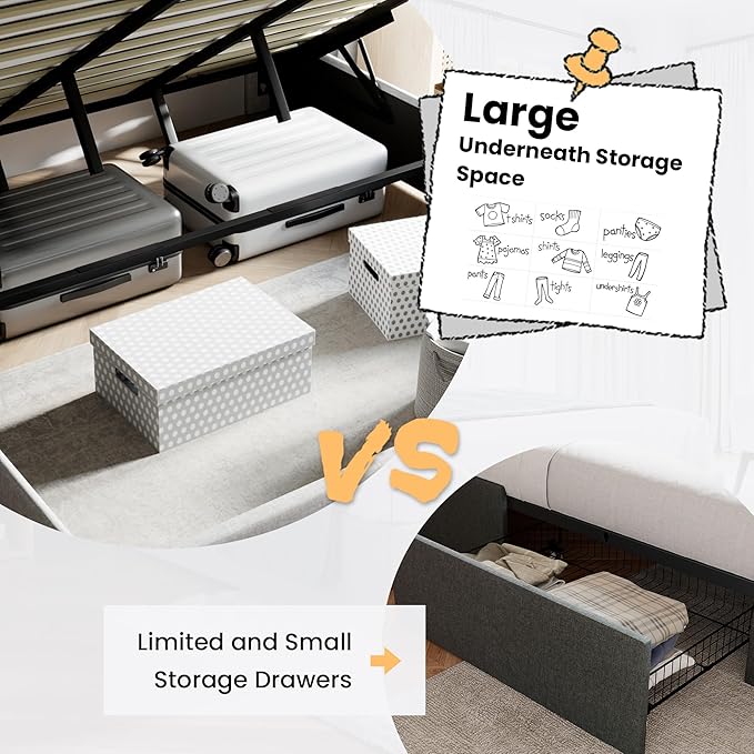SHA CERLIN Queen Size Lift Up Storage Bed/Modern Wingback Headboard/Upholstered Platform Bed Frame/Hydraulic Storage/No Box Spring Needed/Wood Slats Support/Light Beige