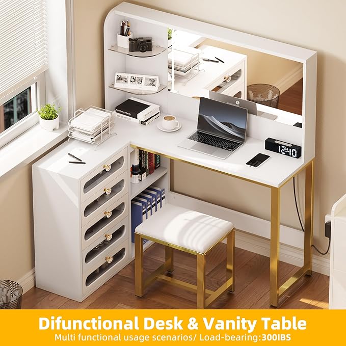 YITAHOME Vanity Desk Set- L Makeup Vanity with Mirror and Lights 3 Lighting Modes, 48" Large Makeup Table with 5 Tempered Glass Drawers with Open Storage Shelves Vanity Table, White