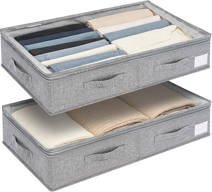 Under Bed Storage Containers with Lids, Foldable Underbed Organizer with Handles, Large Closet Storage Bins for Clothes, Blankets, Shoes, Bedroom Organization (2 Pack)