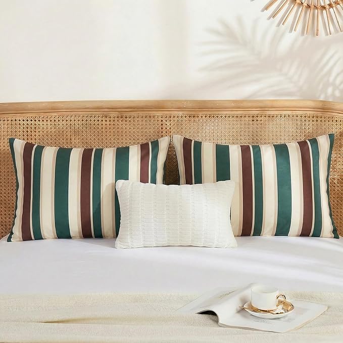 Merryword 100% Cotton Pillow Cases, King Size Pillowcases, Green Striped Pillowcases, Luxury Linen Like Pillowcase, Soft Breathable Cabana Stripes Pillow Covers, Set of 2