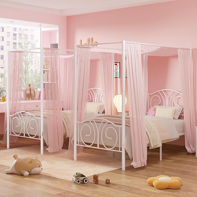 VECELO Metal Canopy Bed Frame Twin Size, 4 Posters Platform Mattress Foundation with Headboard, Heavy Duty Steel Slats Support, No Box Spring Needed, Pure White