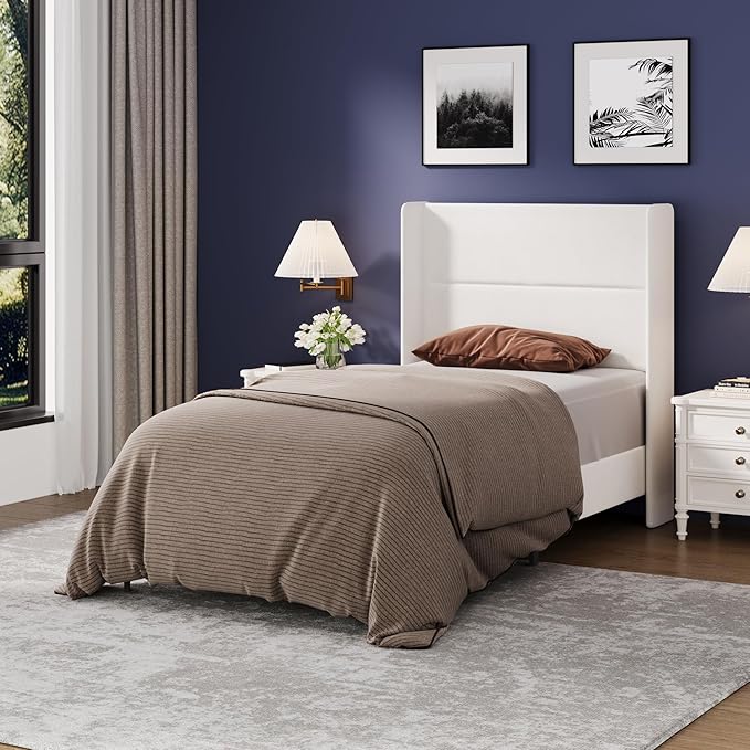 Garvee Twin Size Bed Frame with Wingback Headboard, Velvet Upholstered Platform Bedframe with Wood Slats, No Box Spring Needed, Easy Assembly, White