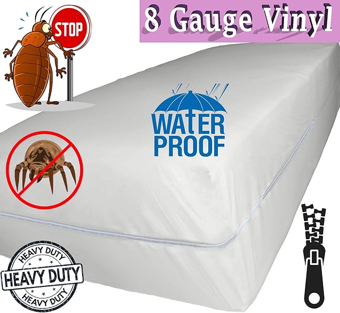 Superior Extra Heavy 8 Gauge Vinyl Mattress Protector Zippered Encasement Cover 100% Waterproof Twin White